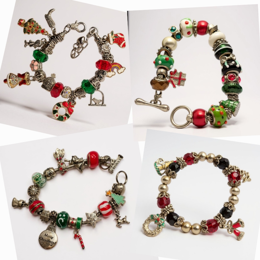 Vintage Silver Tone Charm Glass Bead Holiday Bracelets - Pick One Or Two